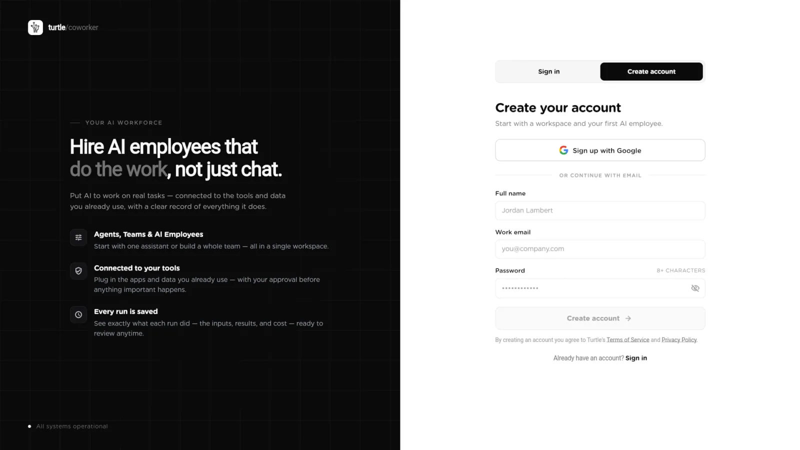 Create account tab with Sign up with Google, Full name, Work email and Password fields