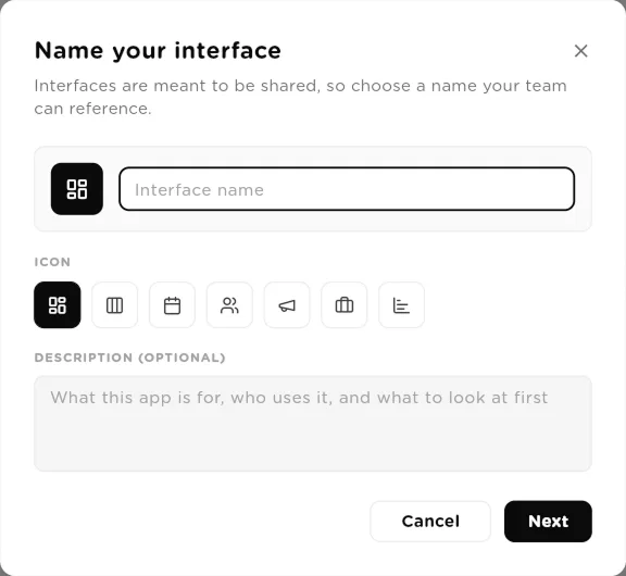 Name your interface dialog with name, icon choices and description