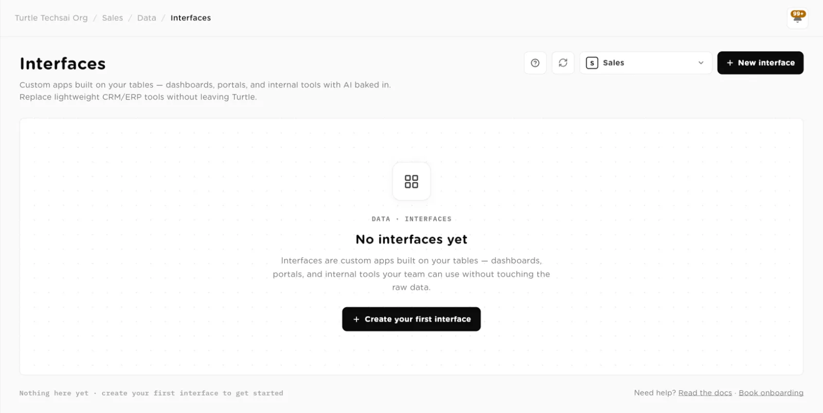 The Interfaces page with no interfaces yet and the Create your first interface button