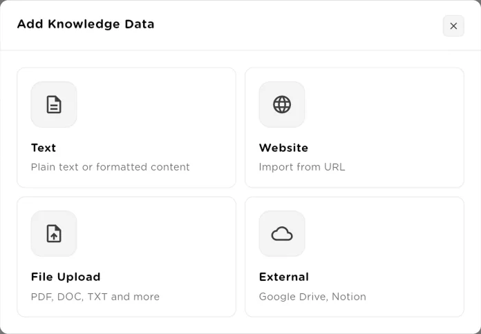 Add Knowledge Data dialog with Text, Website, File Upload and External options