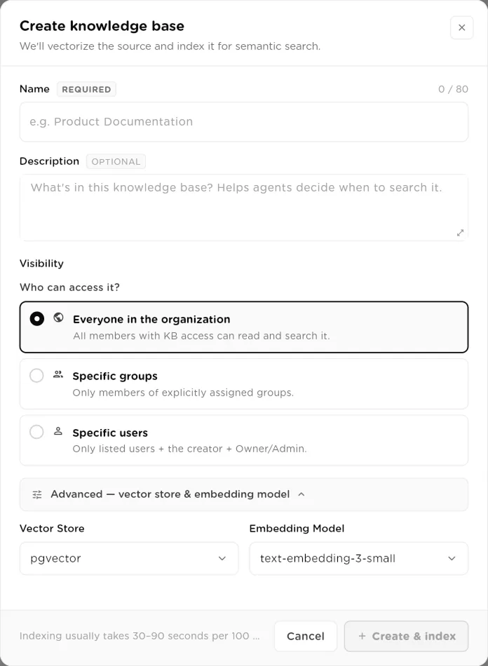 Create knowledge base dialog with name, description, visibility options and the advanced vector store settings