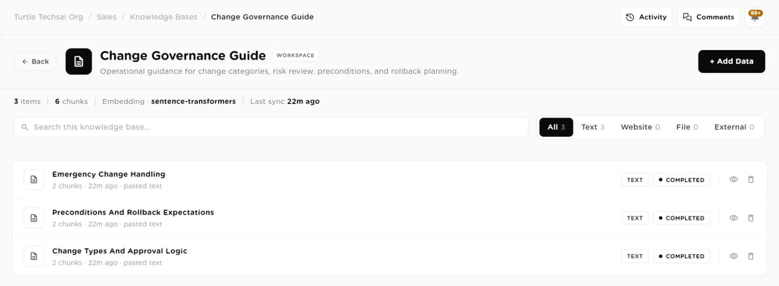 Knowledge base detail page listing text sources with chunk counts and completed status