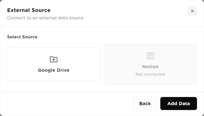 External Source dialog with Google Drive and Notion, Notion shown as not connected