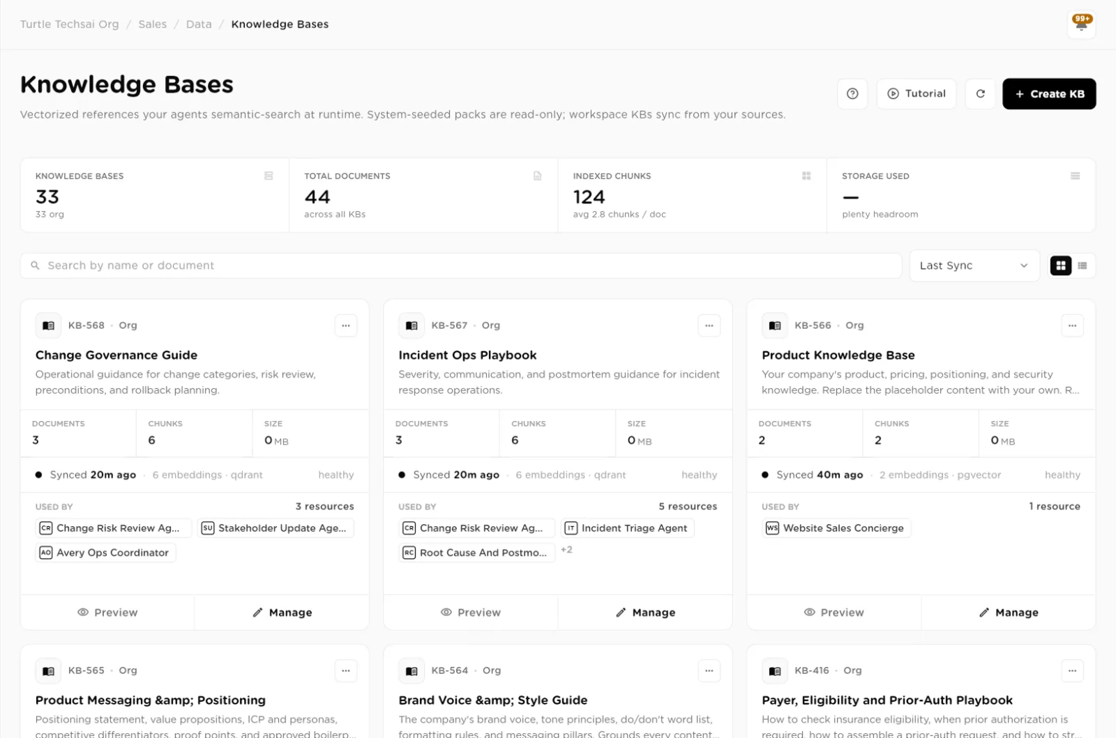 Knowledge Bases page with summary counts and knowledge base cards showing documents, chunks and used by
