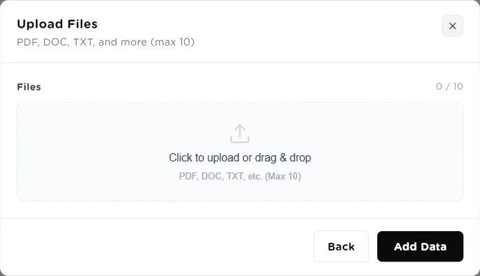 Upload Files dialog with a drag and drop area, up to 10 files