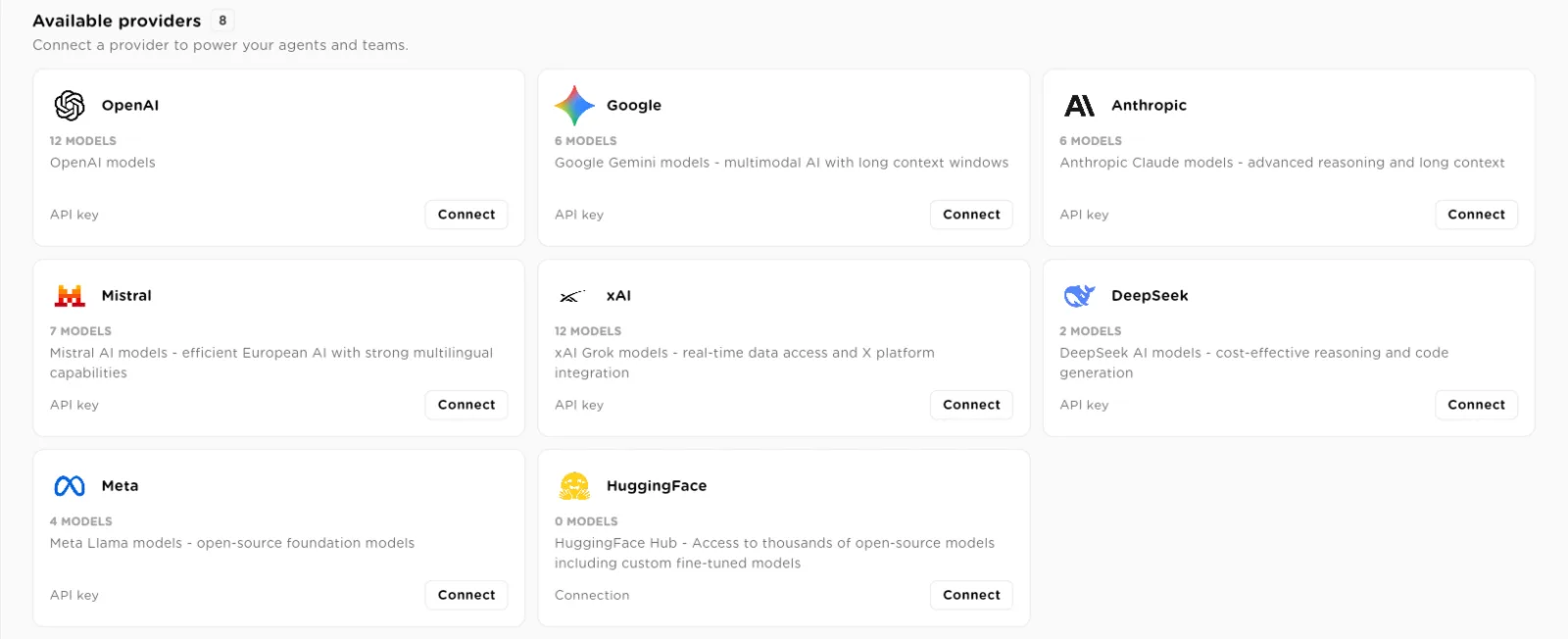Available providers grid with OpenAI, Google, Anthropic, Mistral, xAI, DeepSeek, Meta and HuggingFace cards