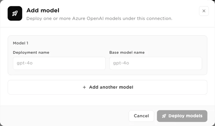 Add model dialog for Azure OpenAI with Deployment name and Base model name fields