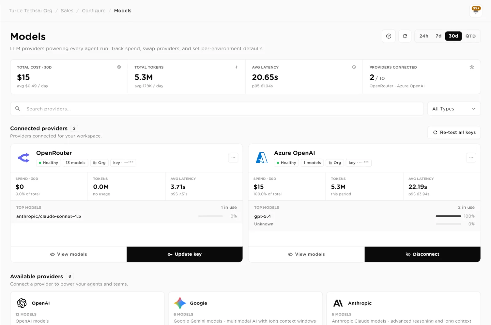 Models page with cost, token, latency and provider counters, and connected provider cards for OpenRouter and Azure OpenAI
