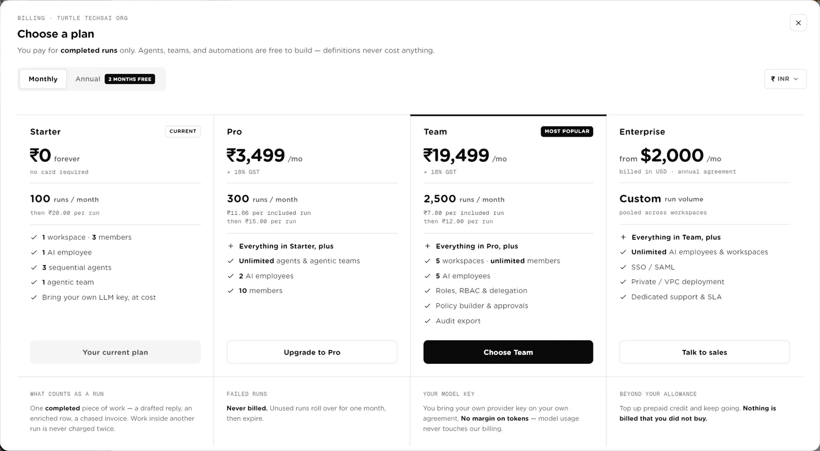 Choose a plan screen comparing Starter, Pro, Team and Enterprise