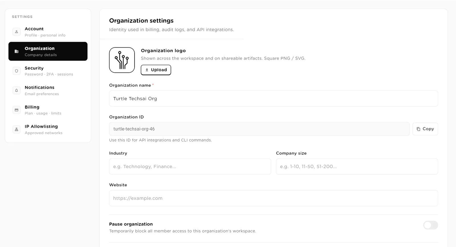 Organization settings with logo, organization name, organization ID with Copy, industry, company size and website