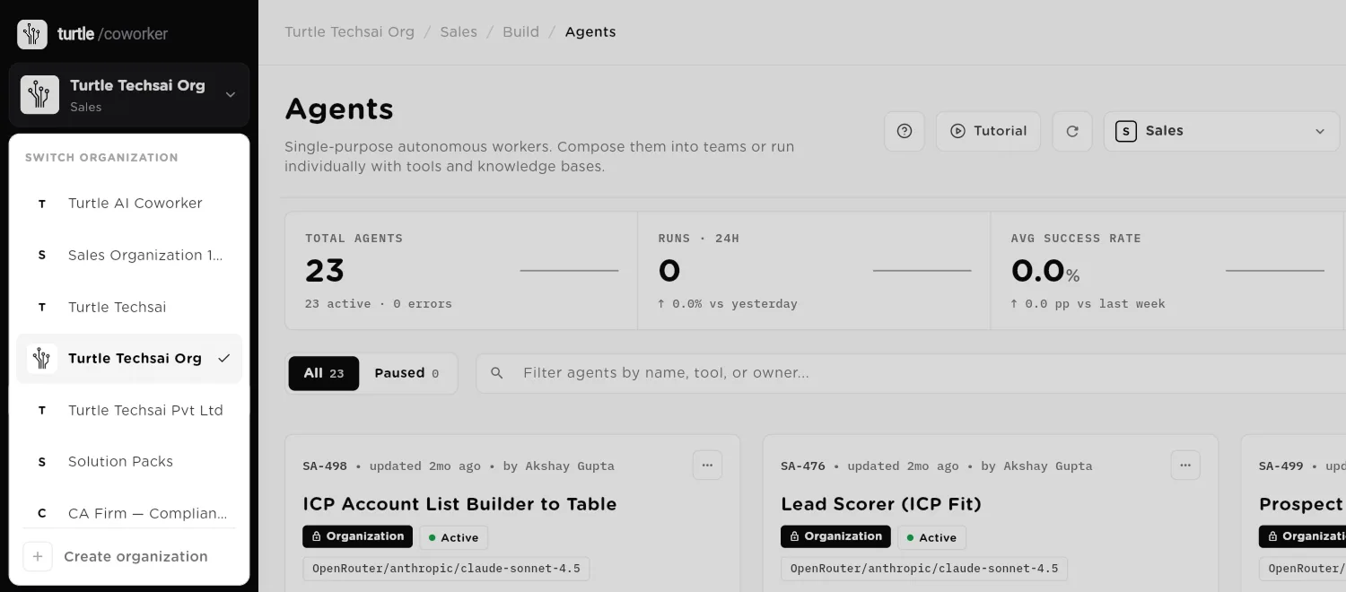The Switch organization menu open under the sidebar organization card, with Create organization at the bottom