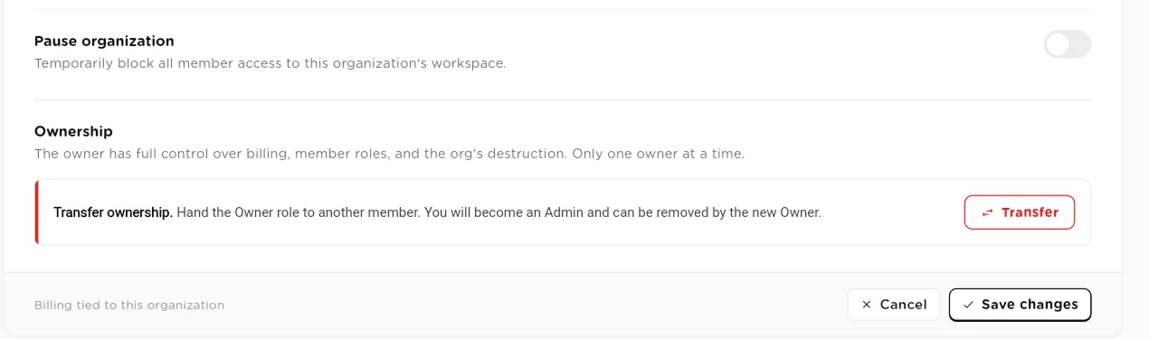 Pause organization switch and the Ownership section with a Transfer button
