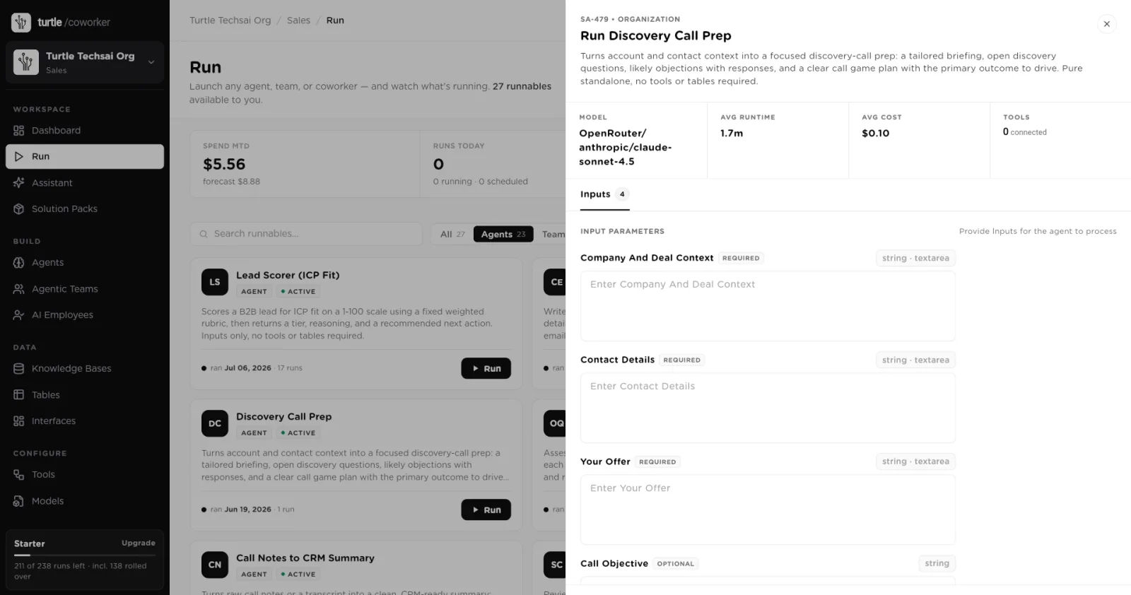 The Run sheet for an agent with model, average runtime, average cost and the input form