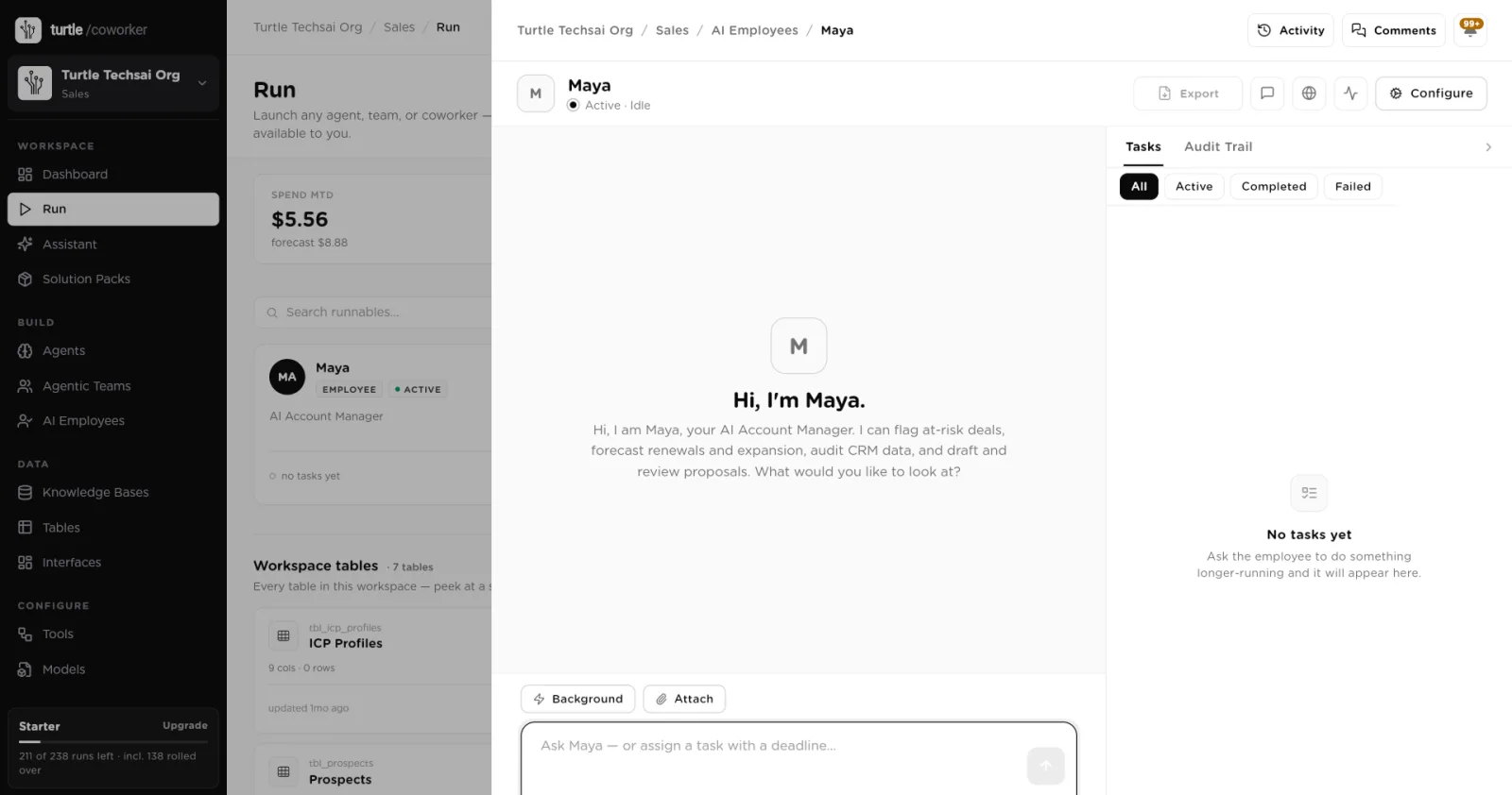 An AI employee's chat opened from Run, with the Tasks panel on the right
