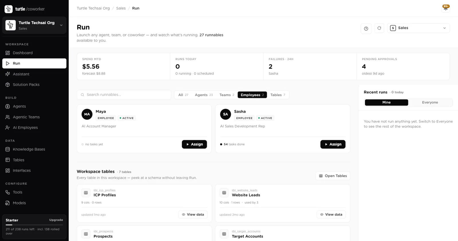The Employees filter showing two AI employee cards with Assign buttons