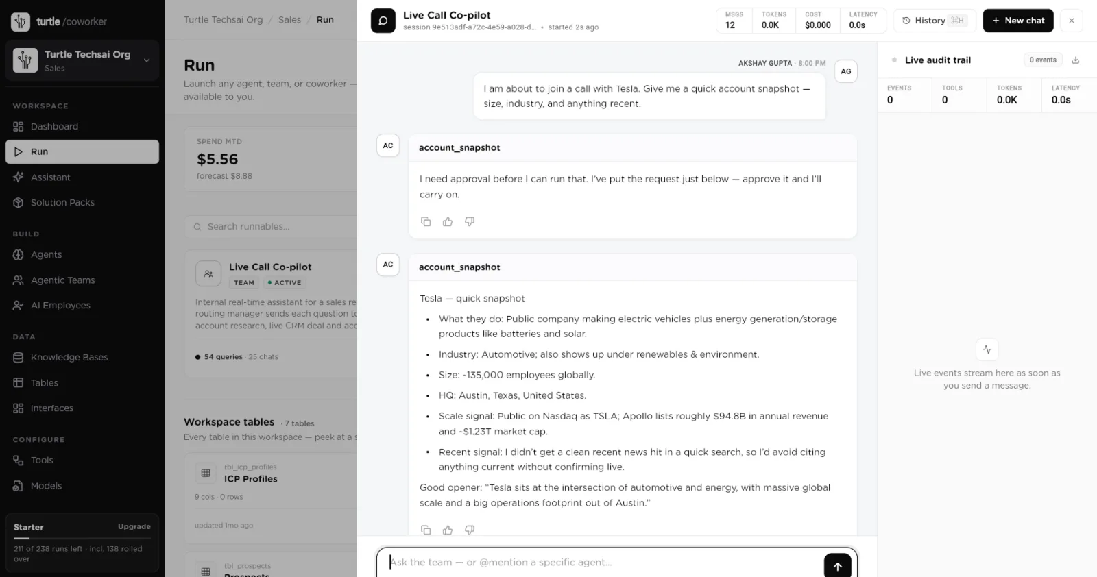 A team chat opened from Run, with session counters and the Live audit trail panel