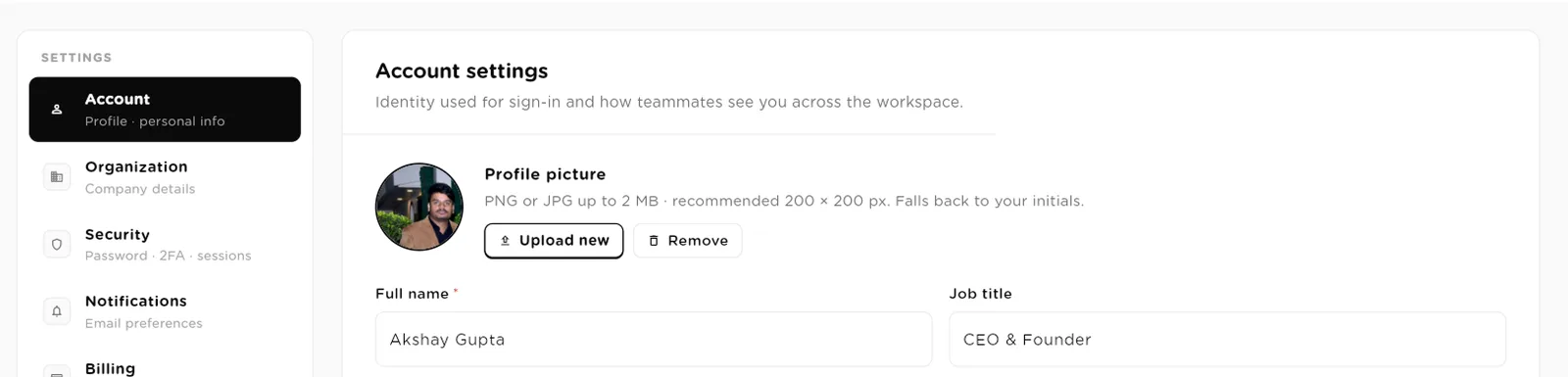 Account settings with the settings menu, profile picture upload, full name and job title