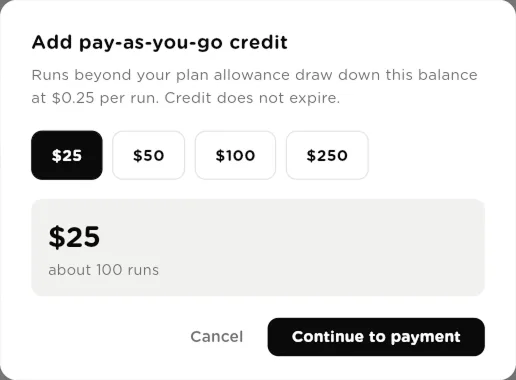 Add pay-as-you-go credit dialog with amounts of 25, 50, 100 and 250 dollars