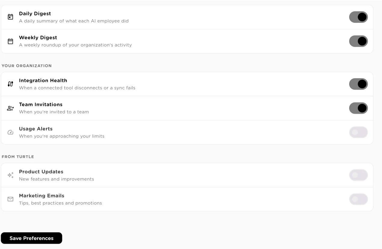 Notification switches for integration health, team invitations, usage alerts, product updates and marketing emails, with Save Preferences