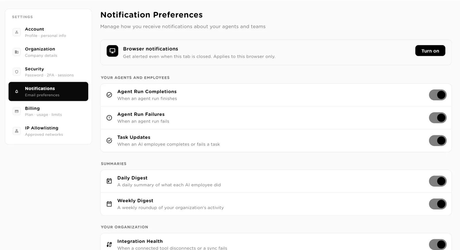Notification Preferences with browser notifications and switches for run completions, failures, task updates and digests