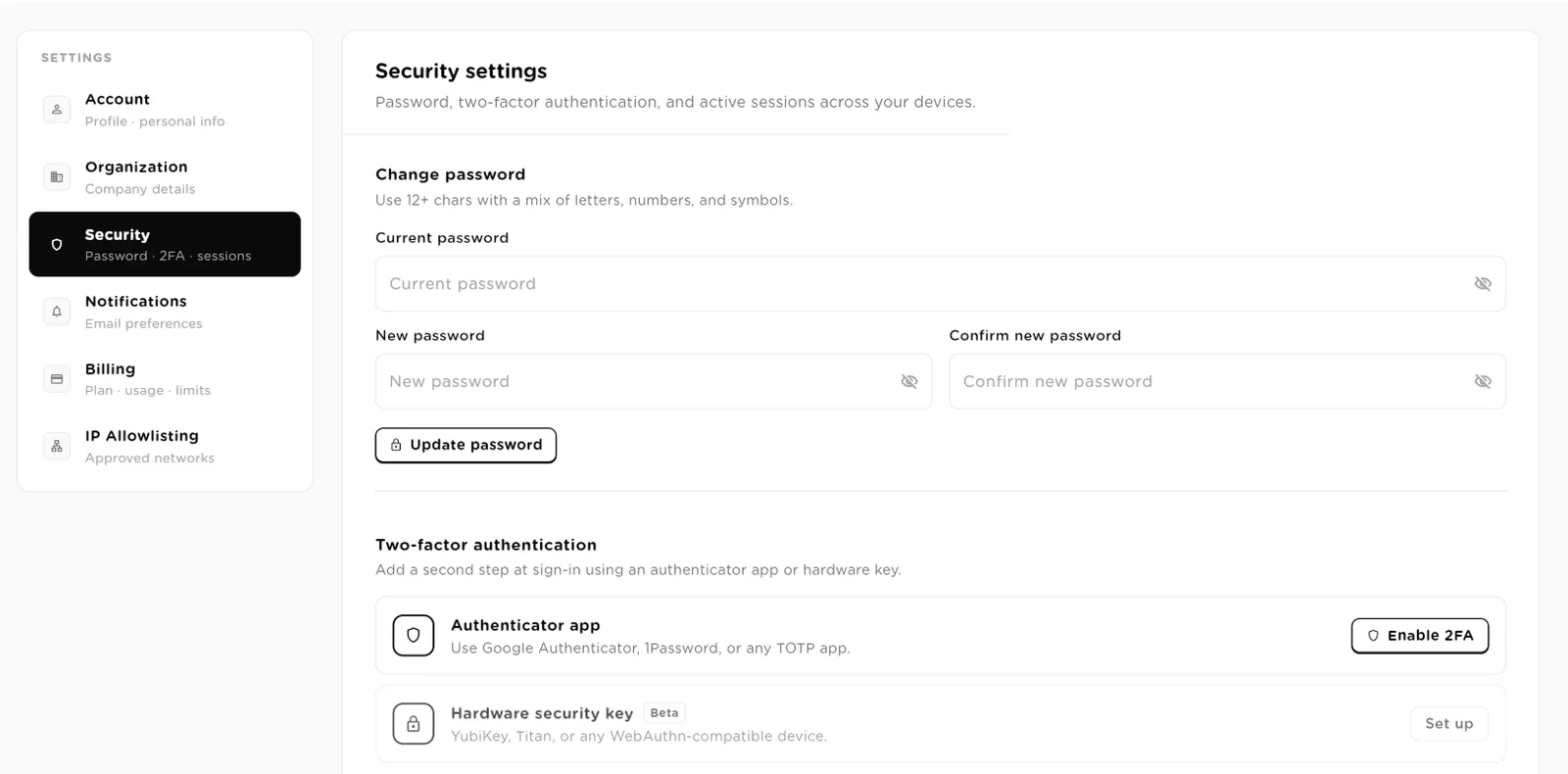 Security settings with the change password form and the two-factor authentication options
