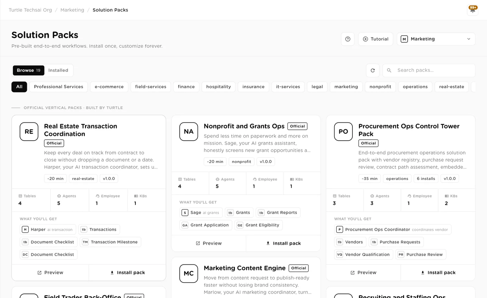 Solution Packs gallery with Browse and Installed tabs, category filters, search and pack cards with Preview and Install pack buttons