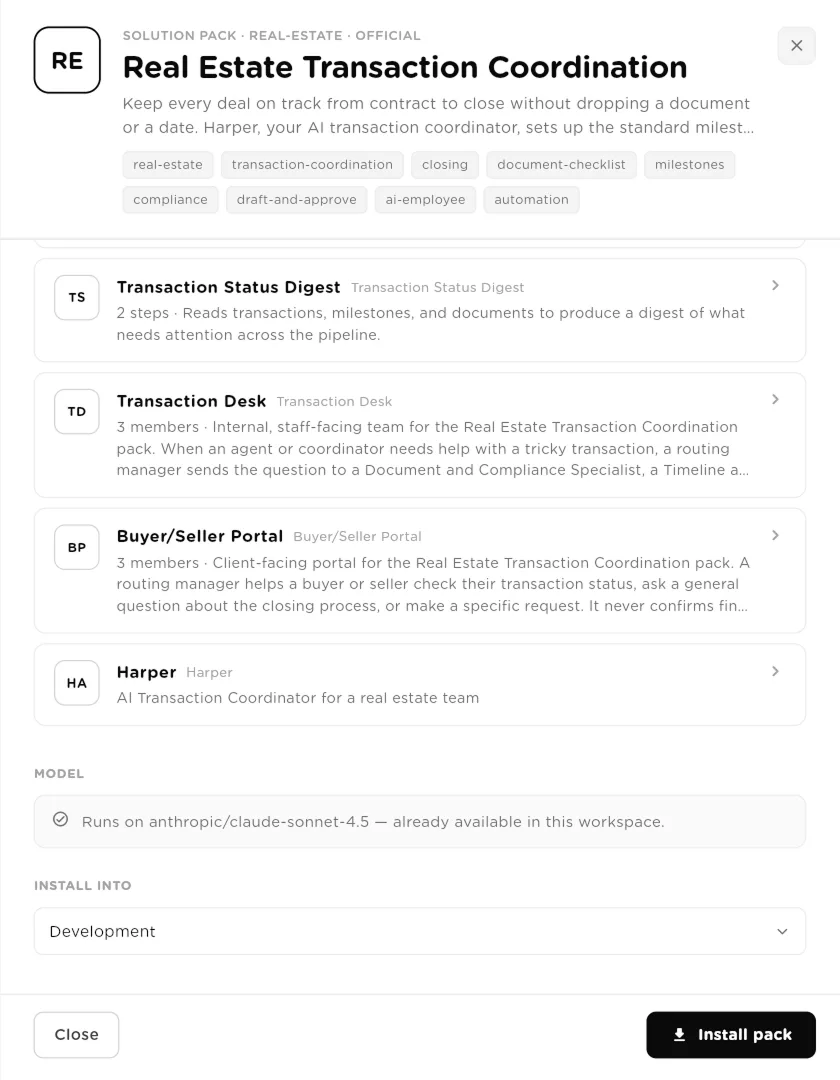 Bottom of the pack preview with the included teams and AI employee, the Model note and the Install into workspace picker