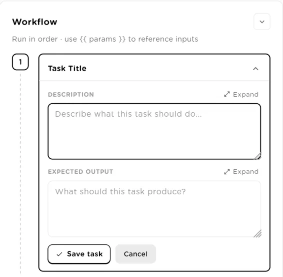A task being edited in the Workflow panel with Description and Expected Output fields