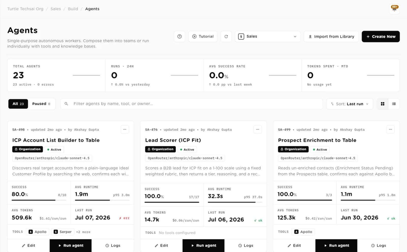 The Agents page with the workspace picker, Import from Library and Create New buttons, and agent cards