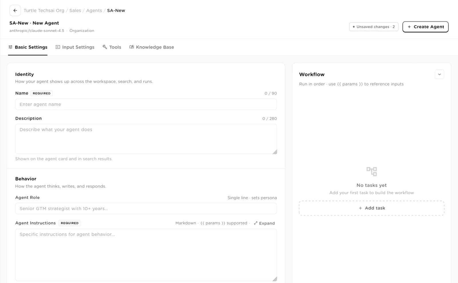 New Agent editor on Basic Settings with Identity and Behavior fields and an empty Workflow panel
