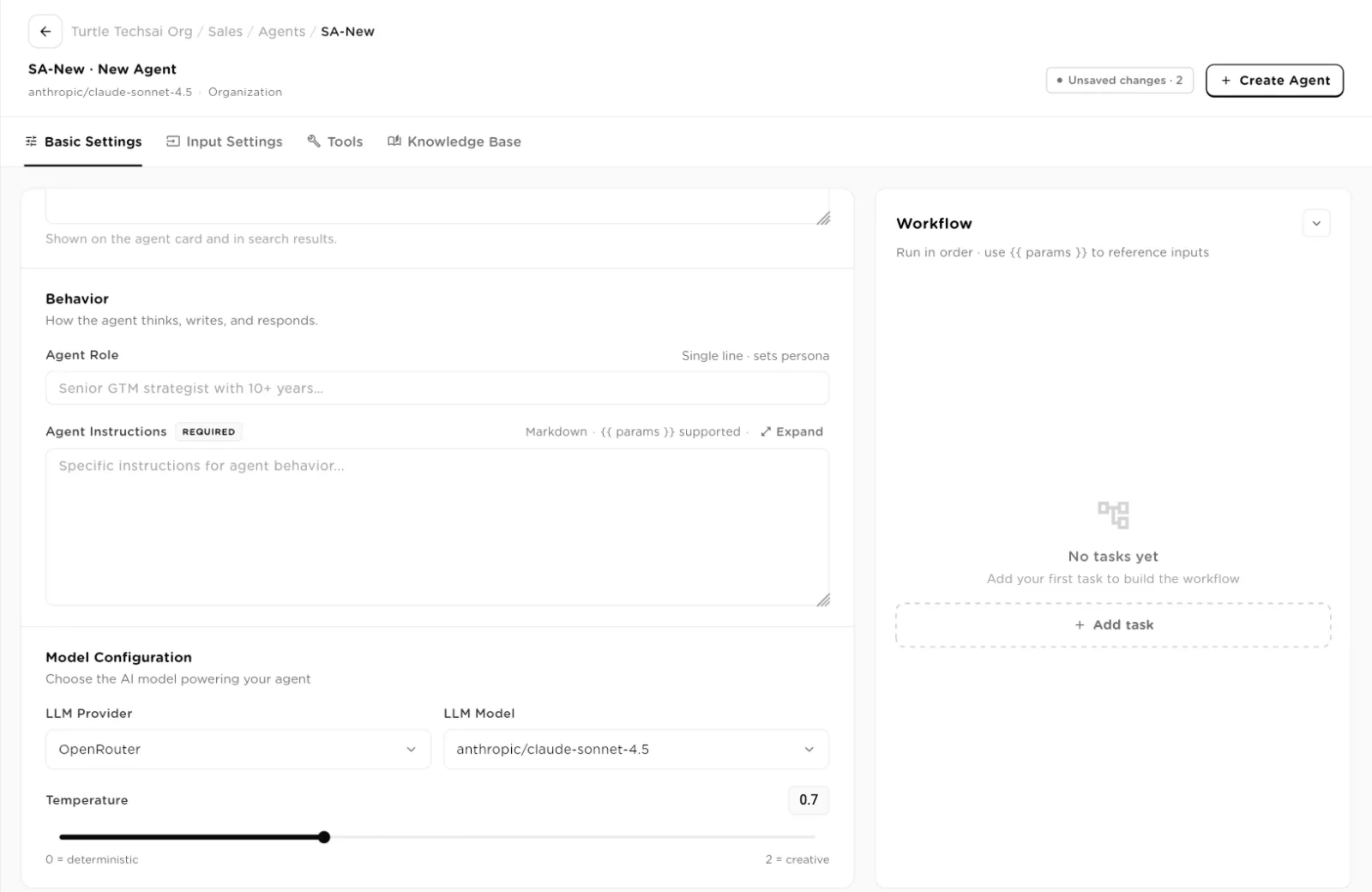 Model Configuration with LLM Provider, LLM Model and a Temperature slider