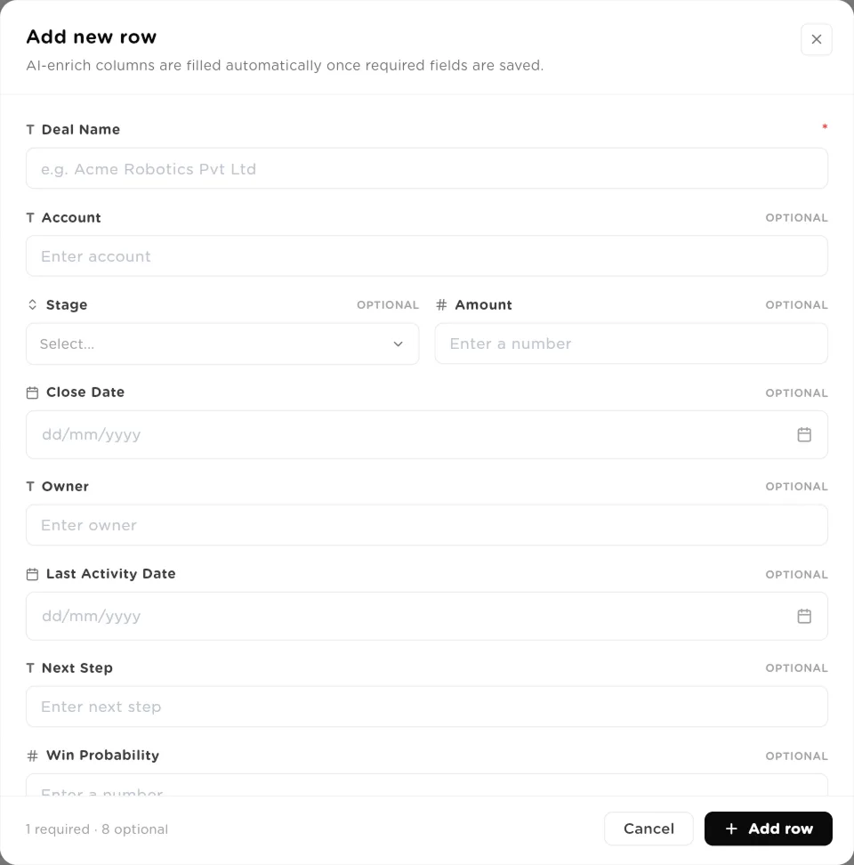 Add new row dialog with a field for each column, required fields starred