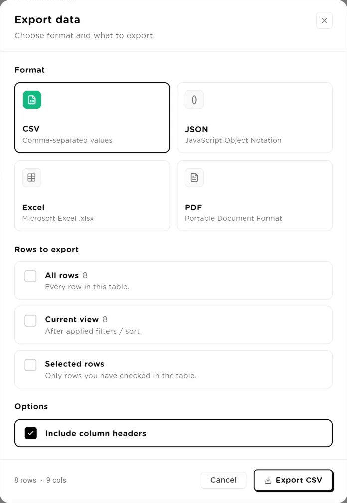 Export data dialog with format choices, rows to export and the include headers option