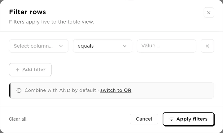 Filter rows dialog with column, operator and value fields