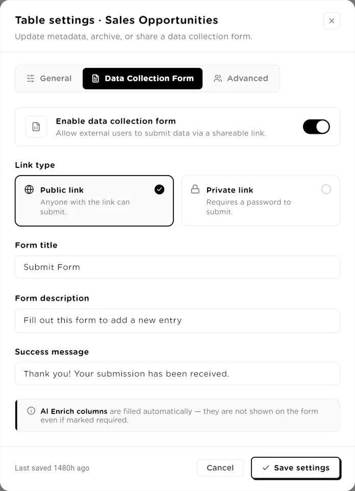 Data Collection Form tab with the enable toggle, public or private link, title, description and success message
