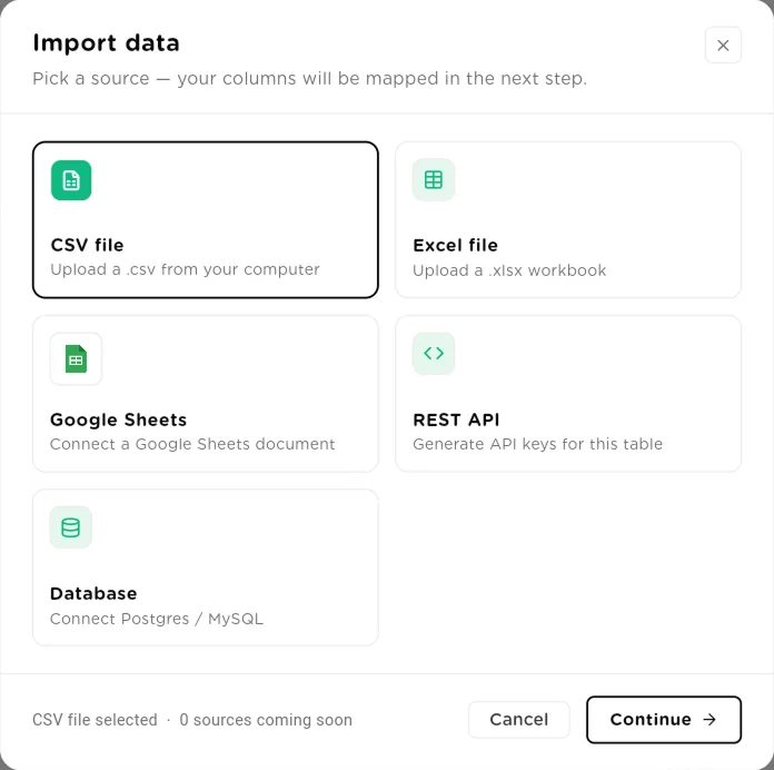 Import data dialog with CSV, Excel, Google Sheets, REST API and Database sources