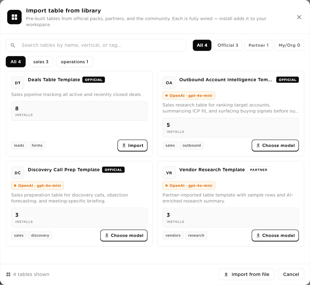 Import table from library dialog listing official and partner table templates