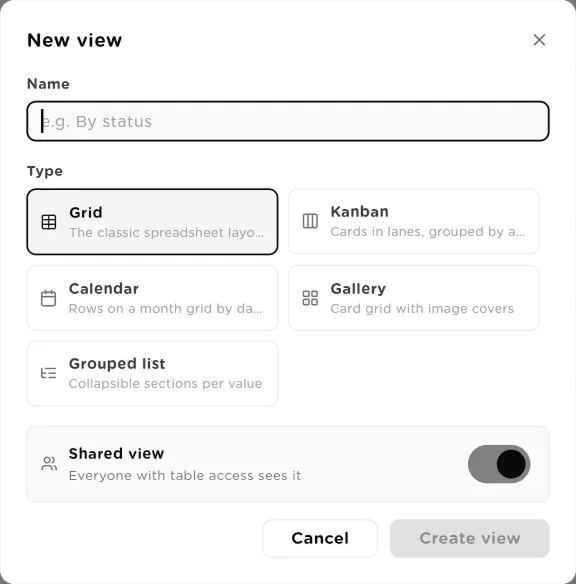 New view dialog with name, the five view types and the shared view toggle