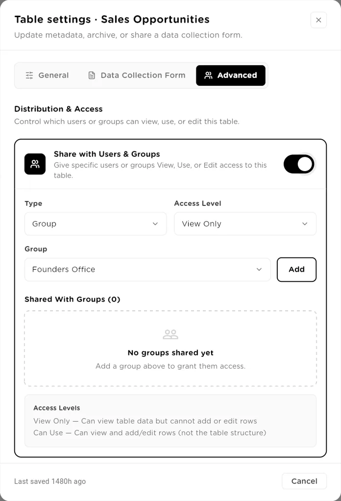 Advanced tab with Share with Users and Groups, type, access level and group picker
