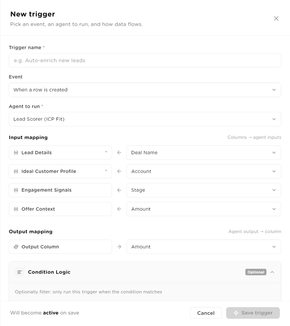 New trigger panel for When a row is created, with agent, input mapping, output mapping and condition logic