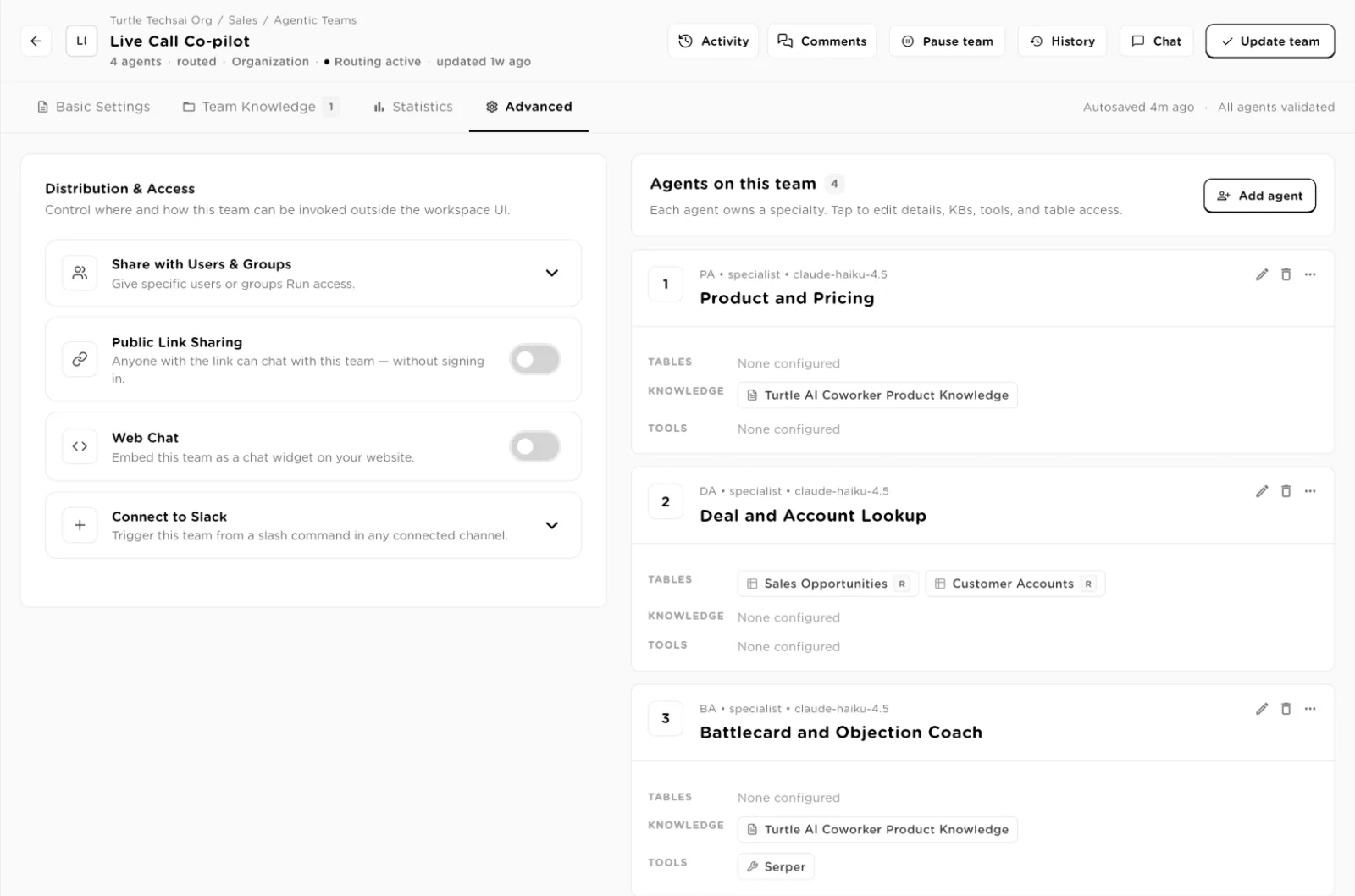 Advanced tab with Share with Users and Groups, Public Link Sharing, Web Chat and Connect to Slack