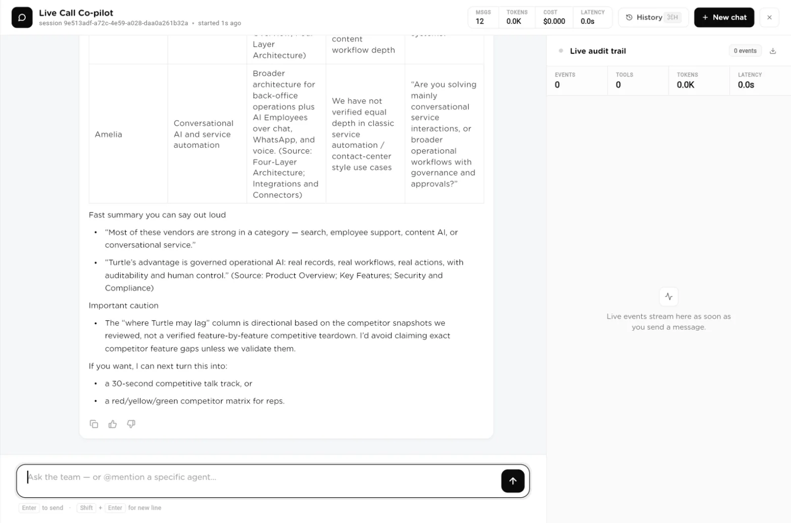 Team chat with a formatted answer, the message box, and the Live audit trail rail