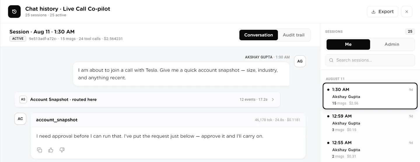 Chat history drawer showing a session with message count, tool calls and cost, and the session list