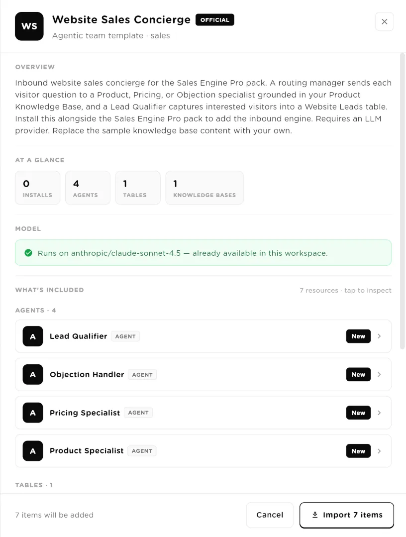 Template detail panel listing the overview, model check and included agents