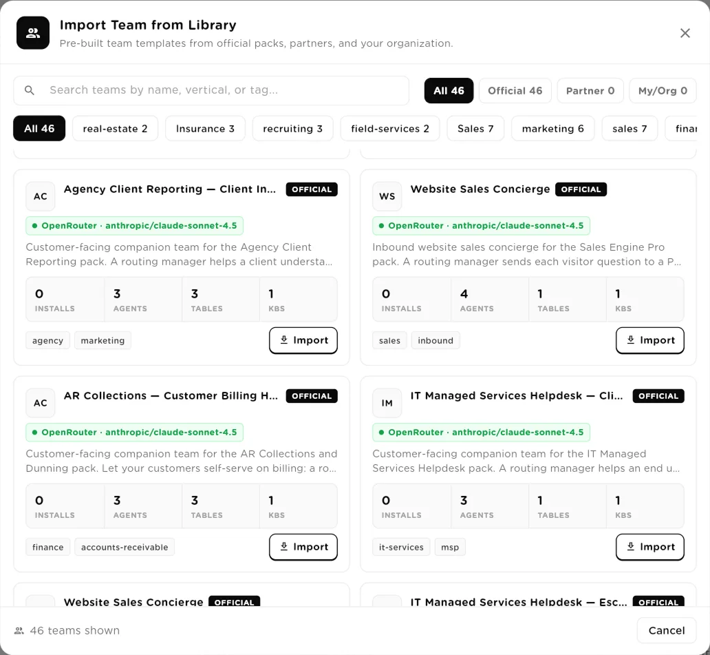 Import Team from Library dialog with filter chips and team template cards