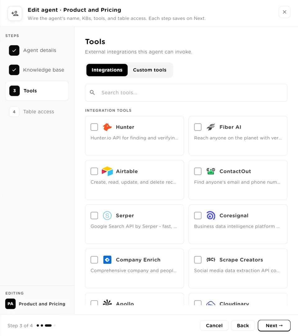 Tools step with Integrations, Custom tools and a grid of integration tools to tick
