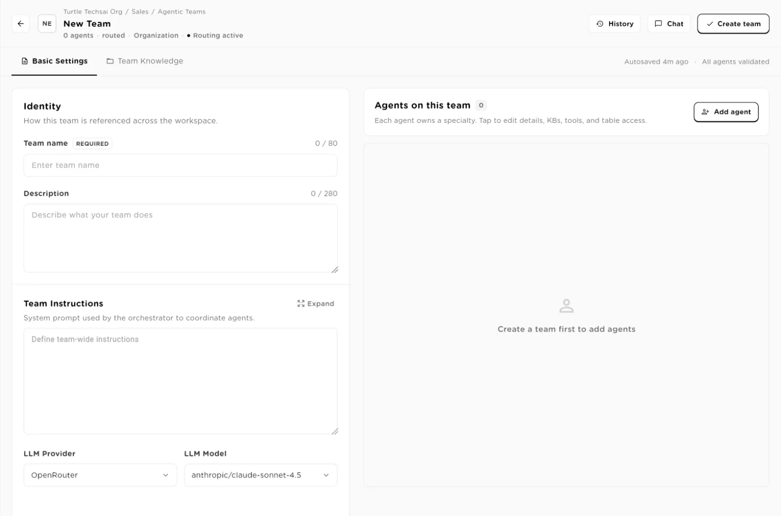 New Team editor with Team name, Description, Team Instructions and LLM Provider and Model fields