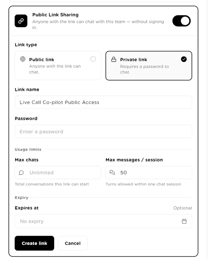 Public Link Sharing panel with Public link and Private link options, link name, password, limits and expiry