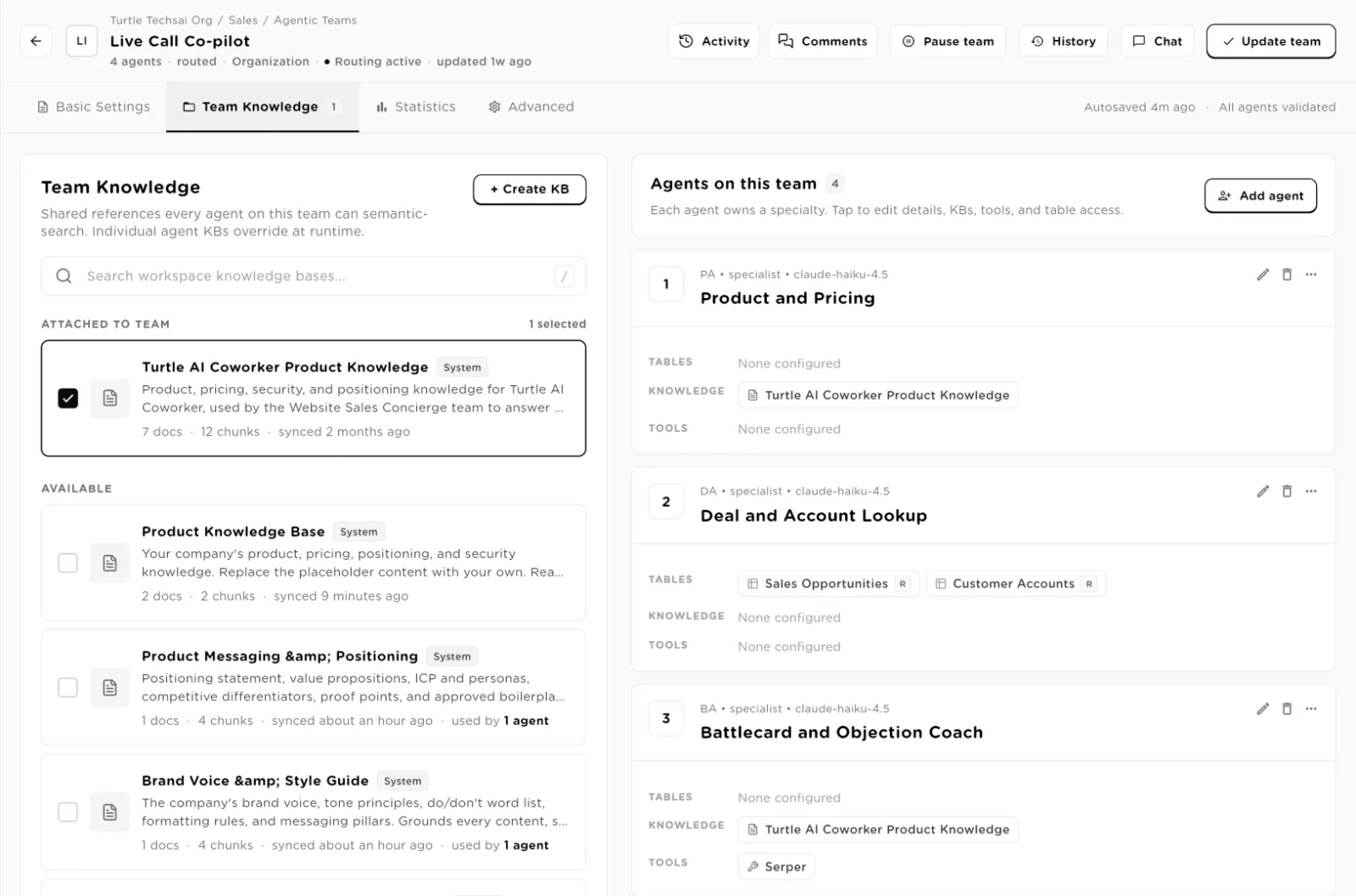 Team Knowledge tab with one attached knowledge base and a list of available ones