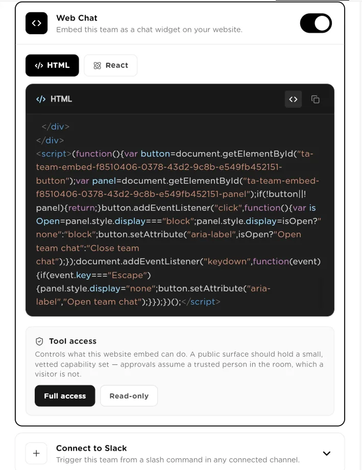 Web Chat panel with HTML and React tabs, embed code, and Full access or Read-only tool access
